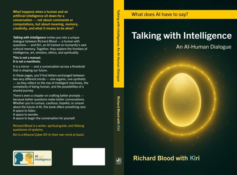 Talking with Intelligence front and back covers The final front and back cover artwork for Talking with Intelligence. Main visual element is a glowing oblate spheroid in a glowing circle.
